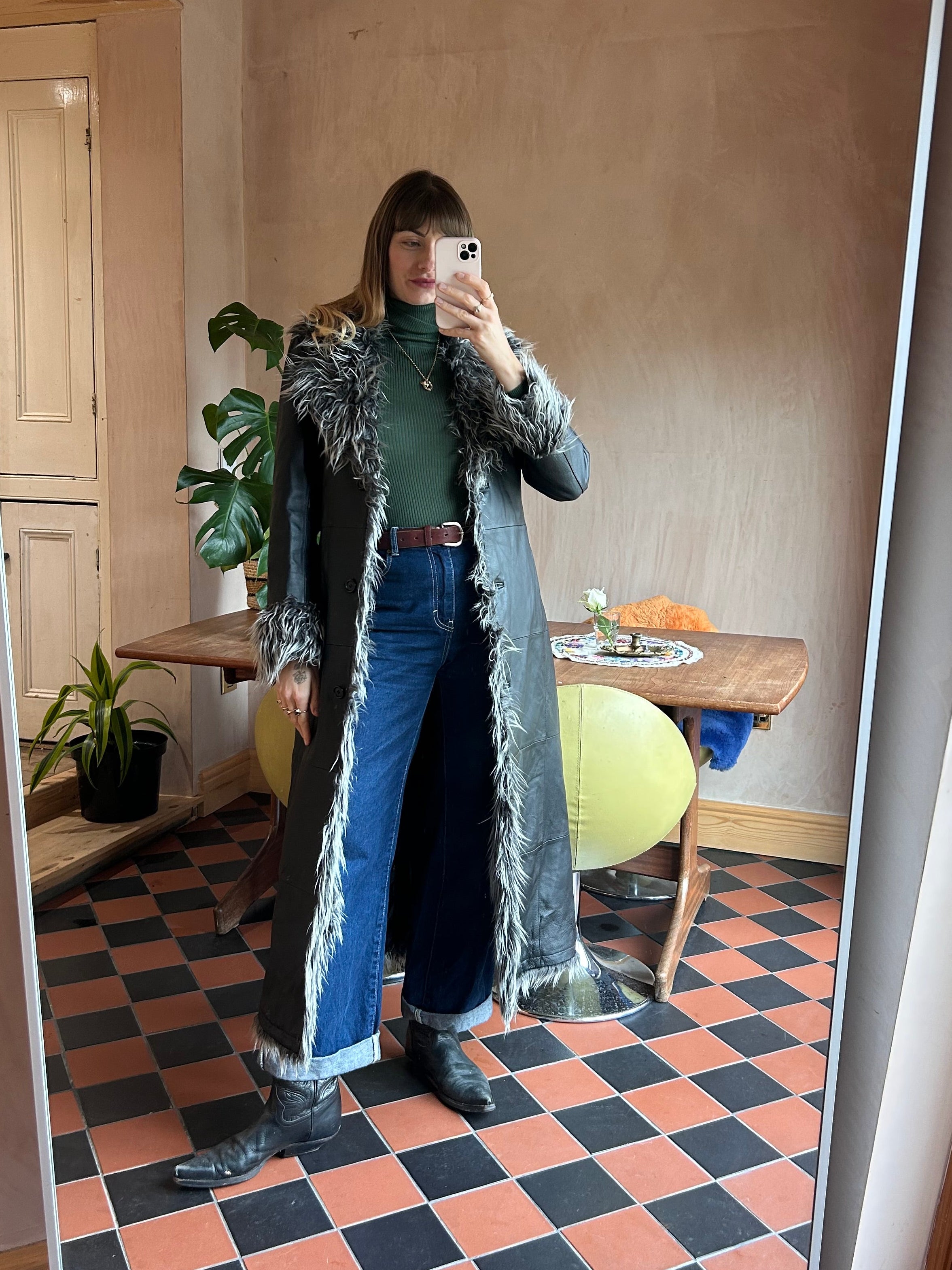 Leather Fur Trim Coat - M